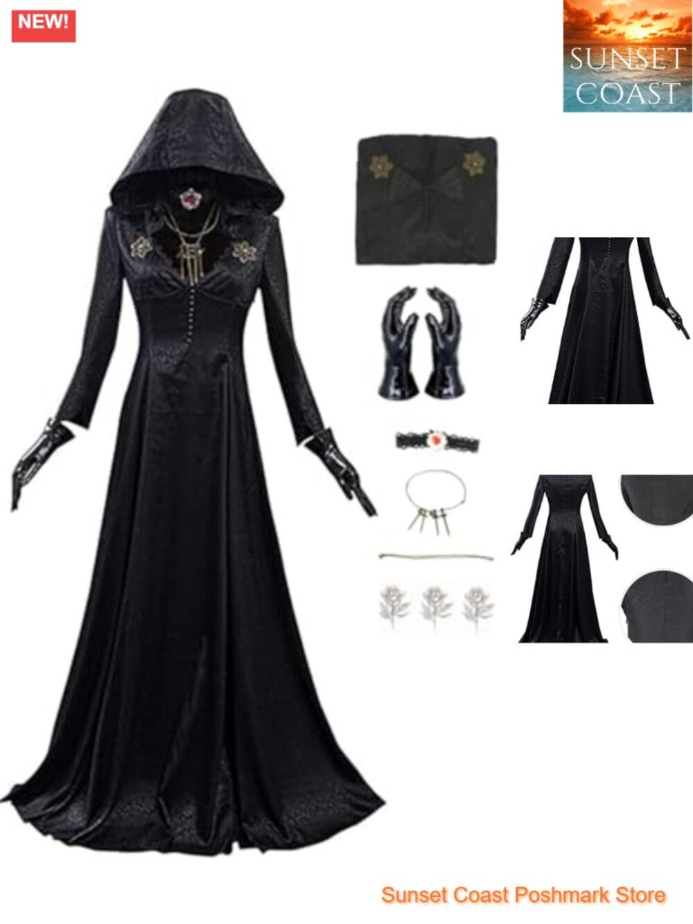 Robe Cosplay Costume Dress Hooded V-Neck Gloves Necklace Satin Women Halloween